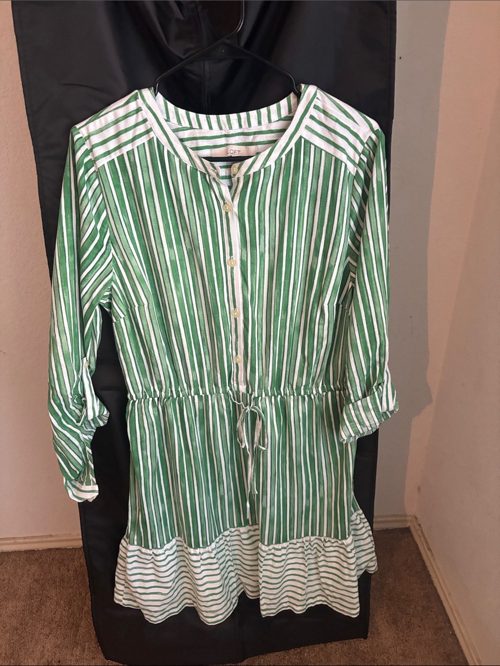 LOFT Green and White Striped Midi Dress